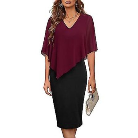 Naisten mekko V-kaula-aukko Kesäinen rento toimisto Viralliset mekot Korkea laatu (M Viininpunainen)