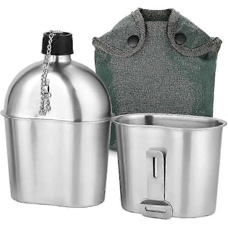 LN-Militær Kantine Kit - 2 stk. Militær Kantinekoppsett i Rustfritt Stål (1000ml og 600ml) med Veske for Utendørs Camping, Fotturer, Ryggsekk (FMY)