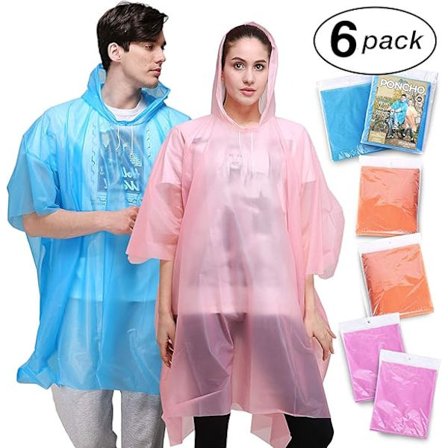 6 kpl vedenpitäviä hätäsadetakkeja aikuisille, joissa kiristysnyörillinen huppu - kevyet, kestävät, uudelleenkäytettävät - sopivat huvipuistoihin