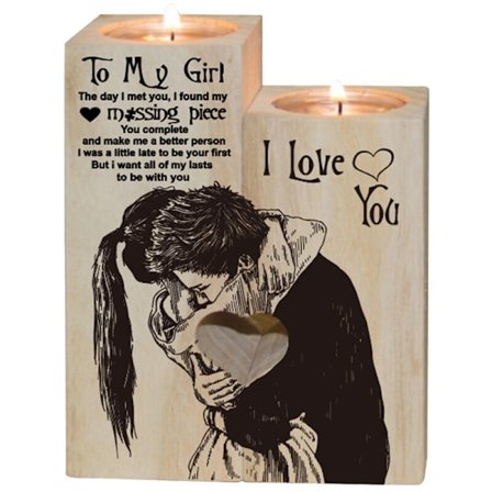 Hjerteformet lysestake i tre med trykk for Valentinsdag, dekorasjon med trehyller for venner og kjærester