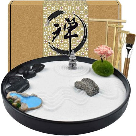 Artcome Japanese Zen Sand Garden för skrivbord med raka, stativ, stenar och minimöbler