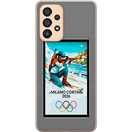 Yhteensopiva Puhelinkuori Samsung Galaxy A33 5G Retrojuliste Cortina Milano 2026 vuorilla, talviurheilijoilla, italiankoloreilla, Milanon tuomiokirkol