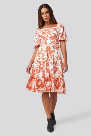 Trendyol Orange Patterned Midi Dress - Puffärmel Kleider - Weiß - EU 34