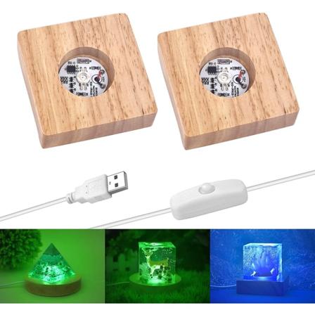2 stk. LED-lysdisplaybase, 7 farvede firkantede træbelyste