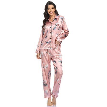 Mysig tvådelad stretch satin vinterpyjamas (M)