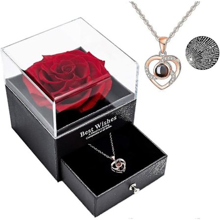 Konserverad Äkta Ros med "Jag Älskar Dig" Halsband på 100 Språk Presentset med Ask
