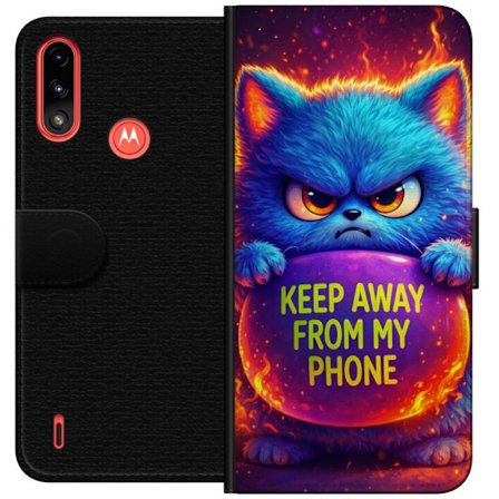 Kompatibelt Plånboksfodral till Motorola Motorola Moto E7 Power Arg fluffig blå katt med texten "Keep Away From My Phone" i neonfärger och eldlikna