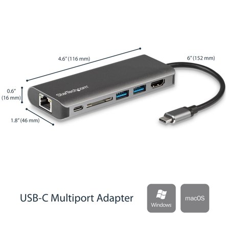StarTech USB C Multiport Adapter - Portable USB-C Dock to 4K HDMI, 2-pt USB 3.0 Hub, SD/SDHC, GbE, 60W PD Pass-Through - USB Type-C/Thunderbolt 3 -