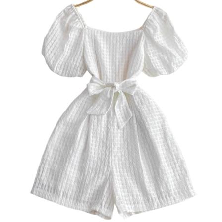 Kvinnors franska fyrkantiga hals Bubble Kortärmad Jumpsuit Mode hög midja tunn white m