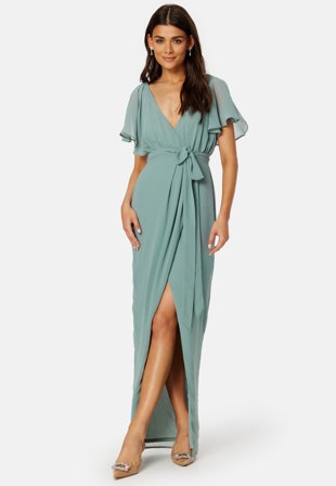 Goddiva Flutter Chiffon Wrap Maxi Dress Sage Green Klær