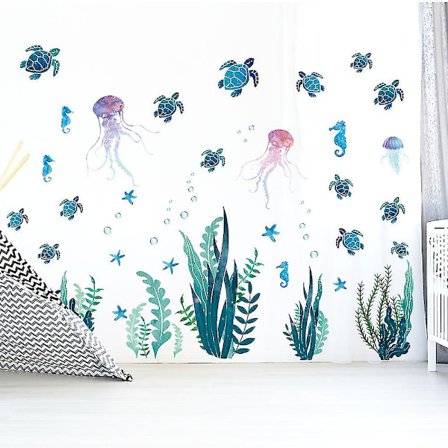 Under The Sea Veggdekor Sjøskilpadde Veggklistremerker Havgress Fargerik Tang Dekal Bobler Vinyl Veggklistremerke Havveggdekorasjon For Bad Toalett