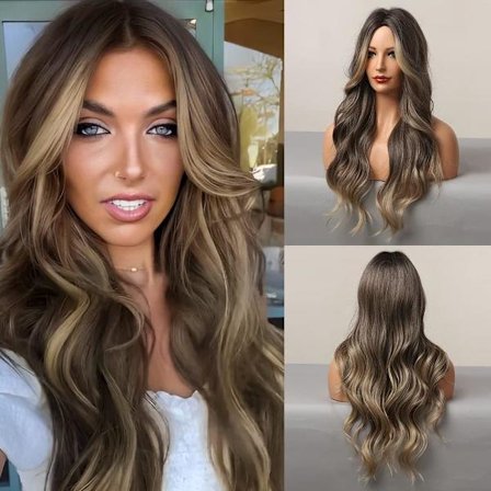 Långa bruna peruker för kvinnor, syntetiskt hår med slingor, vågigt