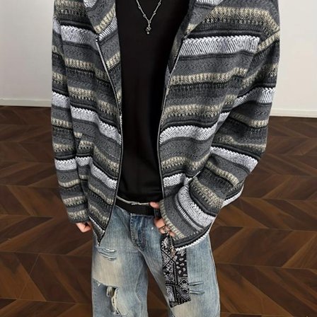 Uformell stripet hettejakke for menn, moteriktig løs passform softshell med store lommer og glidelåslukking, ideell for hverdagsbruk