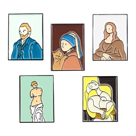 5-delt tegneserie broche Håndlavet emalje badge Van Gogh Mona Lisa