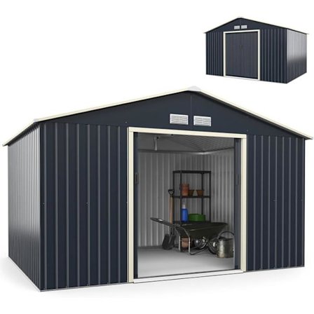 COSTWAY Metallipuutarhavaja 18,2 m³ 340 x 255 x 210 cm, 4 tuuletusaukkoa, harmaa lukittava liukuovi polkupyörälle