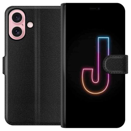 Yhteensopiva Lompakkokotelo Apple Apple iPhone 16 Minimaalinen neonkirjain J värien vaihtuessa valossa mustaa taustaa vasten