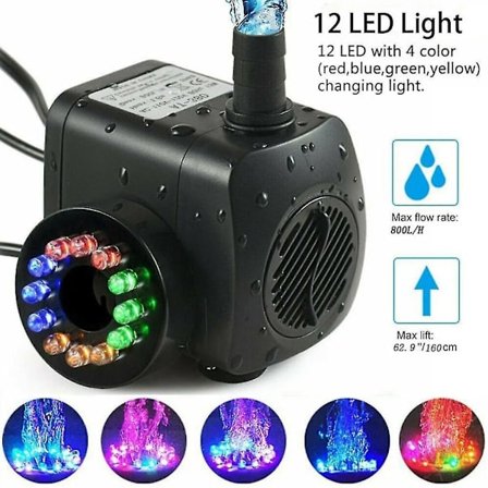 15w 800l/h Fountain Pump Pond Pump Fountain Pump Garden Pump With 12 Leds