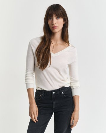 GANT Damen V-Neck Pullover aus extra feiner Merinowolle (S) Weiß