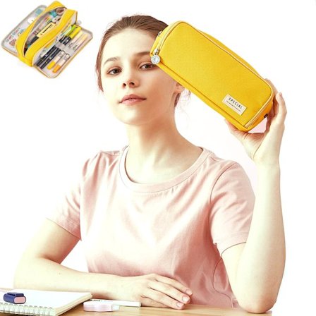 Blyantsæske med stor kapacitet, 3 rum, til skole