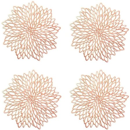 Sett med 4 uthulede runde bordbrikker, roségull runde bordbrikker, pressede uthulede runde bordbrikker, isolerende tallerkener, borddekorasjon (