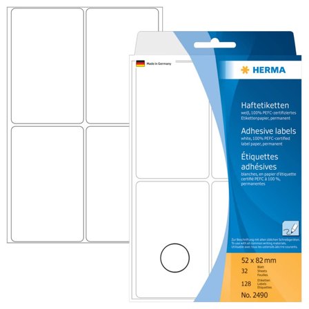Herma Permanet adhesiv - hvit - 52 x 82 mm 128 etikett(er) (32 ark x 4) merkelapper