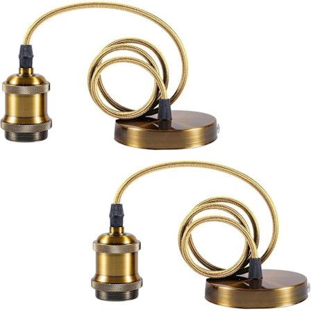 2-pakning E27 Vintage Pendellampefeste i Antikk Messing med Jordledning og 90cm Flettet Kabel, Antikk Gull