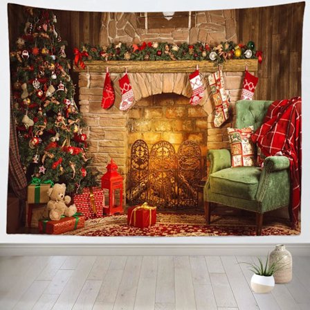 Jultapet Fotobakgrund Julgran och öppen spis Heminredning Nyår Gobeläng Väggupphängning för sovrum Vardagsrum College Sovsal Photogra