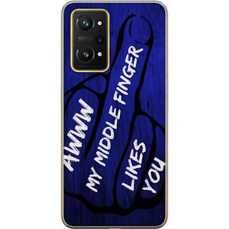 Kompatibelt Mobildeksel til Realme GT Neo 3T Mørk typografisk illustrasjon med hjerteform og budskap om vennskap mot dyp blå tretekstur