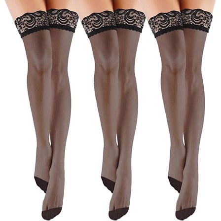 3 par kvinnors spetslårhöga strumpor, håll upp halvgenomskinliga halkfria silkesstrumpor