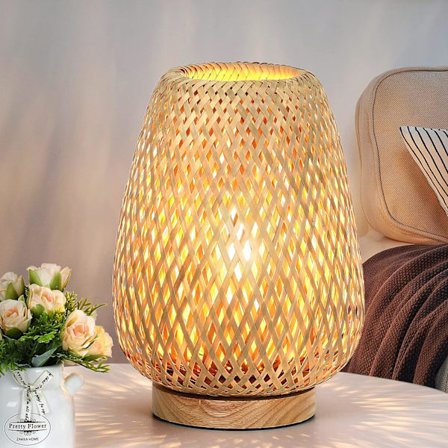 Vintage Flet Wicker Træ Natbord Lampe, Boho Bambus Vævet Slutbord Lampe til Soveværelse Stue Skrivebord Børneværelse, 2700K T45 LED Pære Inkluderet