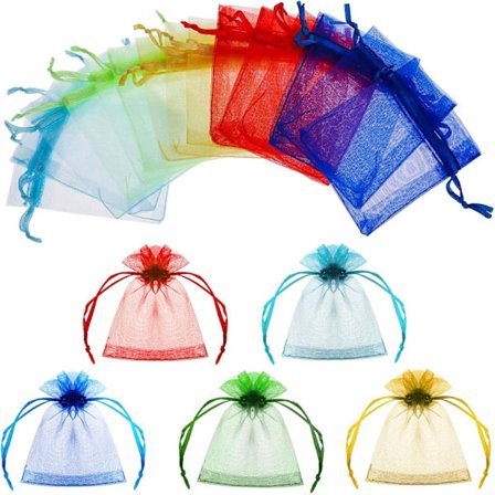 100 Små organzaposer 7 x 9 cm Blandede farver Gaveposer med snoretræk til smykker, bryllup, fest, slik, muslingeskaller, chokolade - Mesh