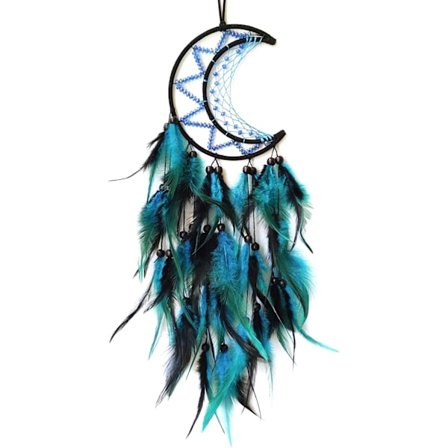 Drømmefanger Måne Drømmefanger til Soveværelse Sort&Blå Fjer Drømmefanger til Voksne Drømmefanger Ornament til Soveværelse Vægtæppe Gaver
