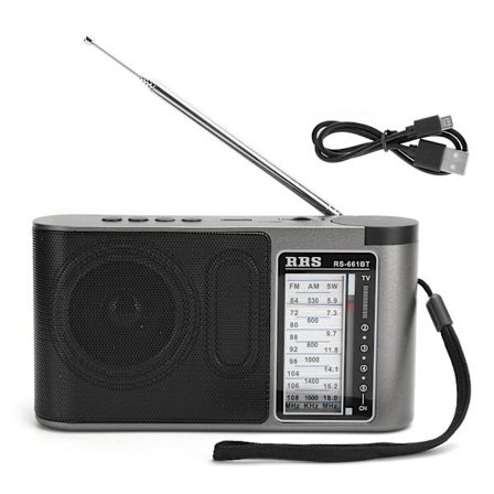 Bærbar Bluetooth 4.0 radiomottaker med flere bånd og manuell innstilling med teleskopantenne, grå