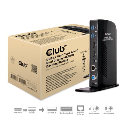 Club 3D Club3D SenseVision USB 3.0 Dual Display 4K60Hz Docking Station - Dokkingstasjon - USB - DP - GigE