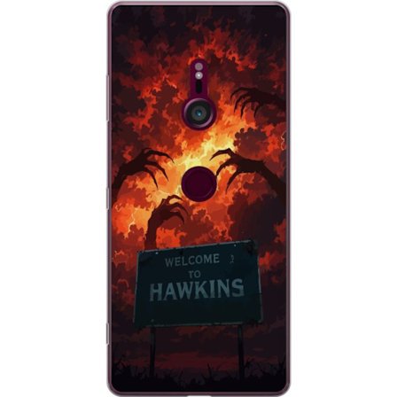 Yhteensopiva Puhelinkuori Sony Xperia XZ3 Pimeä apokalyptinen fantasiakohtaus palavalla taivaalla ja Hawkins-kyltti Stranger Things -tyylillä
