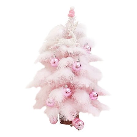 Rosa julgran med fjädrar som bordsdekoration