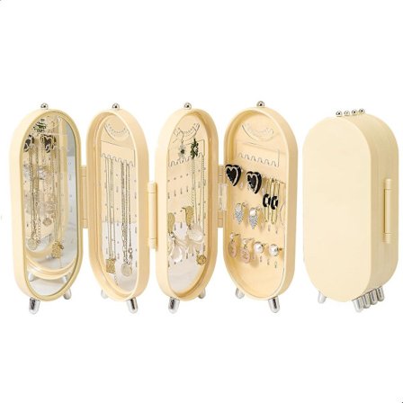 ING Sammenleggbar Øredobbholder, 4-lags Støvtett Stativ for Øredobber og Halskjeder, Smykkeskrin med 153 Hull for Kvinner og Jenter (Lys Gul)