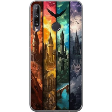 Kompatibel Mobilcover til Huawei Huawei P40 lite E Fire magiske slotte i forskellige elementfarver, episk fantasykunst med ild vand luft og mørke i d