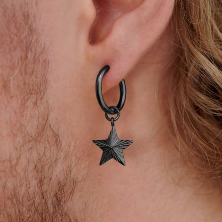 Pendiente de aro de acero negro con colgante de estrella para hombres - Pendientes de aro con colgante