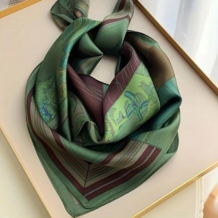 Silkeagtigt satin hestetørklæde med et grønt og bordeaux hesteprint, et stilfuldt firkantet design til kvinder.