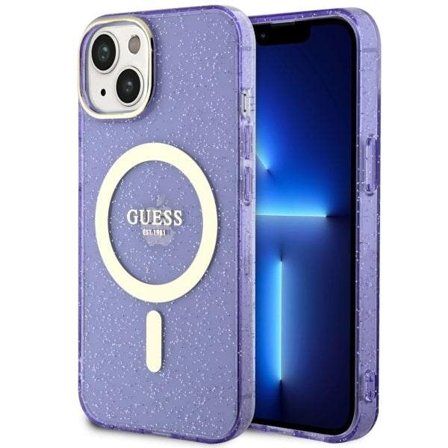 Guess Glitter Gold MagSafe-etui for iPhone 14 - lilla