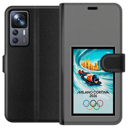 Yhteensopiva Lompakkokotelo Xiaomi 12T Dynaaminen kelkkailija tai skeleton-ajaja jääkanavalla Milanon Cortina 2026 kanssa, kaupunkinäkymä ja olympiala