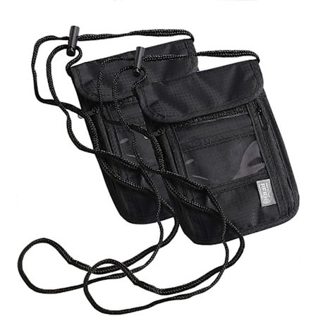 Kaulalaukku matkustamiseen, matkalompakko, passinpidike kaulaan, RFID-suojattu, passikotelo (musta, 2 kpl)