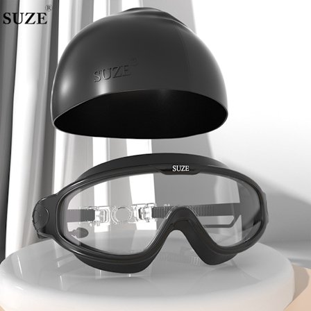 Simglasögon för vuxna med stor ram, anti-im, helsvarta transparenta integrerade öronproppar + badmössa