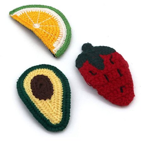 3 st hårklämmor i ullgarn, frukt avokado jordgubbe citron