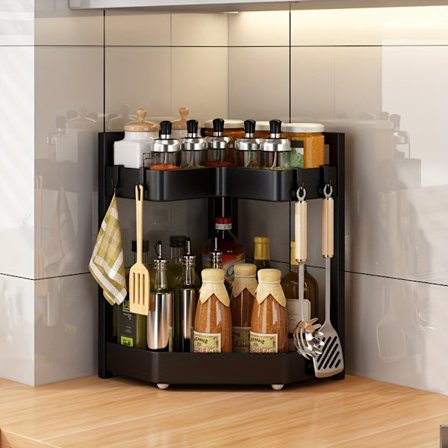 1 stk, 2-lags krydderhylle, L-formet hjørnehylle, kjøkkenorganisator, fri punch, svart