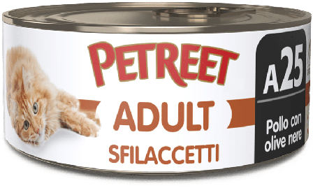Petreet Adult Sfilaccetti Pollo Con Olive Nere Cibo Umido Per