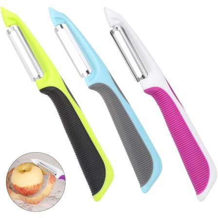 3 stk rustfrie stålskarpe potetskrellere med sklisikre håndtak og roterende kniver for epler, gulrøtter, agurker, svingbar skreller