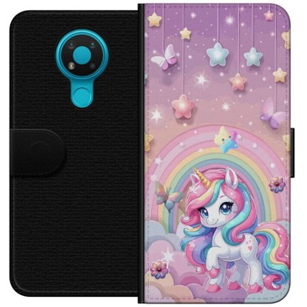 Kompatibel Tegnebogsetui til Nokia 3.4 Magisk enhjørning med regnbue manke, stjerner og sommerfugle mod en pastelfarvet himmel med skyer