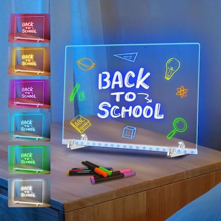 LED Färgglad Ritplatta - Stor (30*20cm) Whiteboard - Självlysande Klottrings-present. Enkelt transparent stativ + ritplatta + 7 färgade pennor.